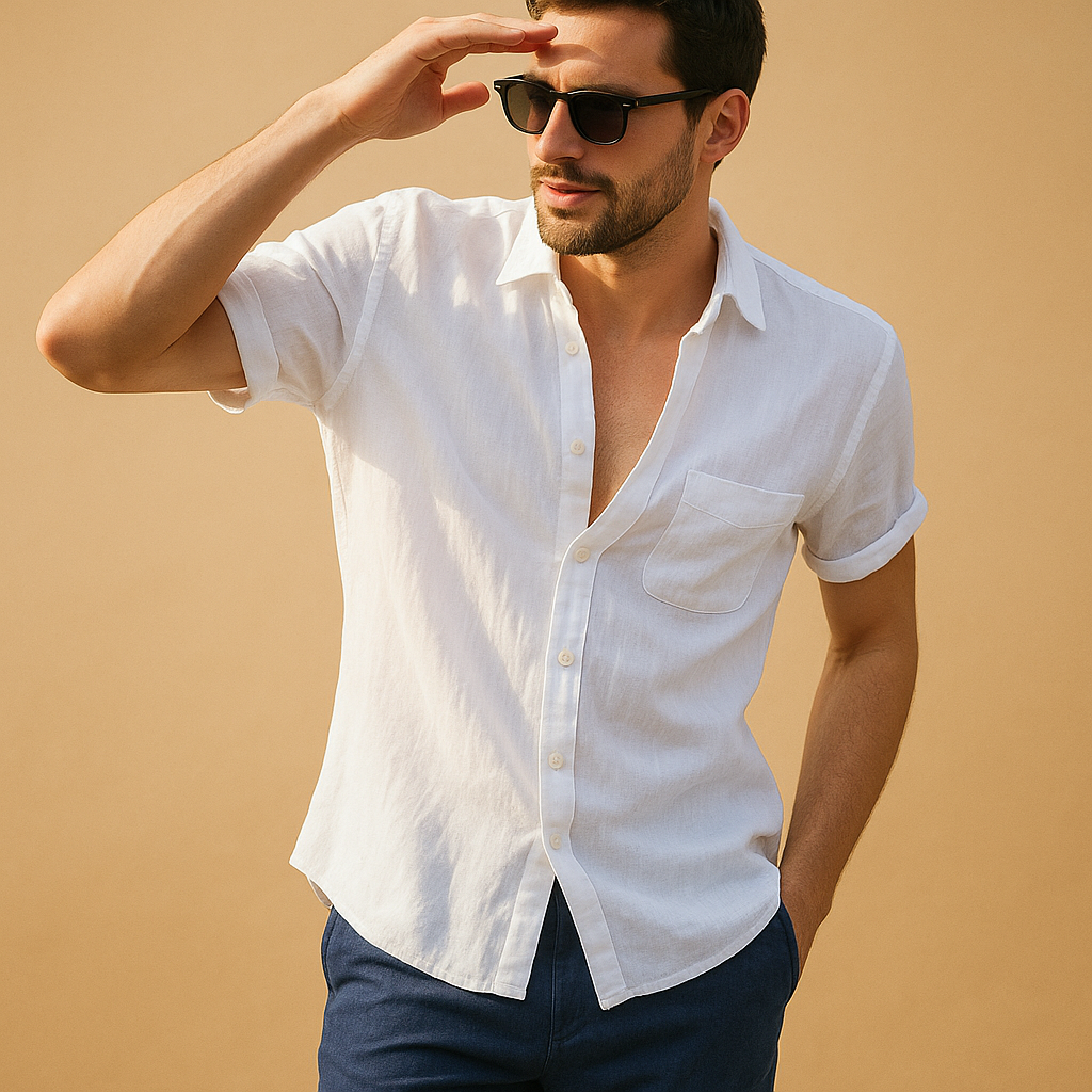 Short sleeve summer shirt for men with relaxed fit and breathable fabric, ideal for casual wear on warm days.