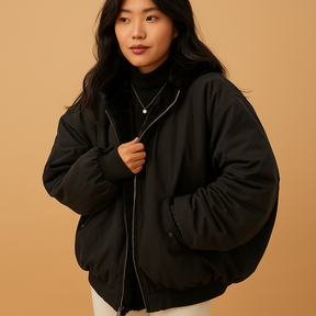 Short winter coat with hood for women in black, blue, and white featuring a warm lining, perfect for cold weather and stylish everyday wear