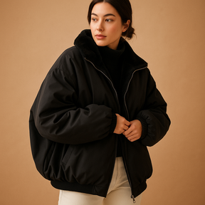 Short winter coat with hood for women in black, blue, and white featuring a warm lining, perfect for cold weather and stylish everyday wear