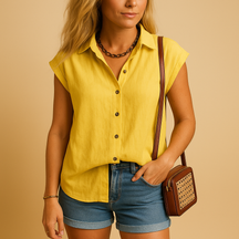 Sleeveless button-down summer shirt for women, lightweight and stylish in multiple colors, ideal for casual and warm-weather outfits.