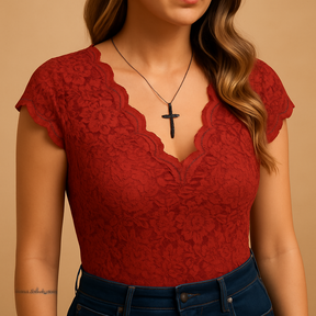 Sleeveless lace V-neck top for women with a slim fit and elegant detailing, perfect for dinners, summer outings, and formal events.
