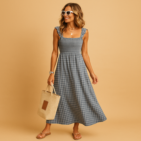 Sleeveless long summer dress for women in black, red, khaki, or sky blue, featuring breathable fabric and a flowy fit for day-to-night elegance.