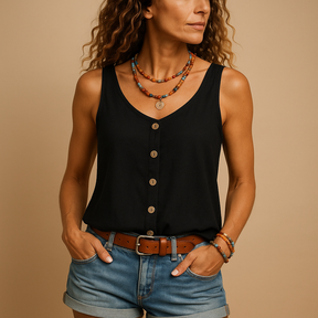 Women’s sleeveless summer V-neck top with pockets in multiple colours, perfect for casual warm-weather outfits.