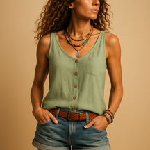 Women’s sleeveless summer V-neck top with pockets in multiple colours, perfect for casual warm-weather outfits.