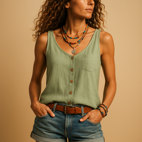 Women’s sleeveless summer V-neck top with pockets in multiple colours, perfect for casual warm-weather outfits.