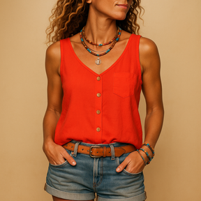 Women’s sleeveless summer V-neck top with pockets in multiple colours, perfect for casual warm-weather outfits.