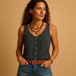 Women’s sleeveless summer V-neck top with pockets in multiple colours, perfect for casual warm-weather outfits.