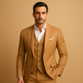 Men’s slim fit suit with tailored blazer and trousers, ideal for weddings, business meetings, and formal occasions in a sharp modern style.