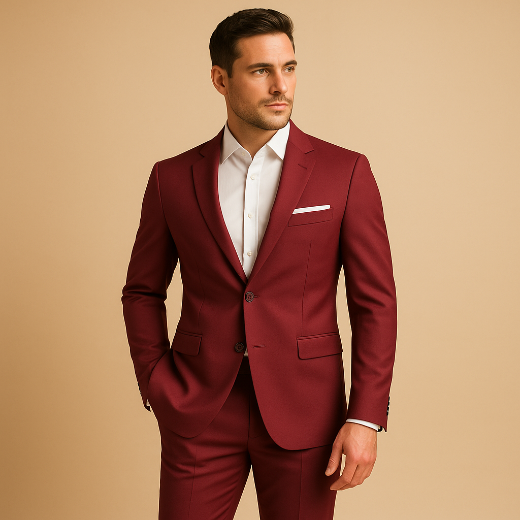 Men’s slim fit suit with tailored blazer and trousers, ideal for weddings, business meetings, and formal occasions in a sharp modern style.