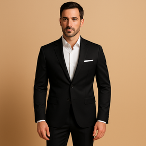 Men’s slim fit suit with tailored blazer and trousers, ideal for weddings, business meetings, and formal occasions in a sharp modern style.
