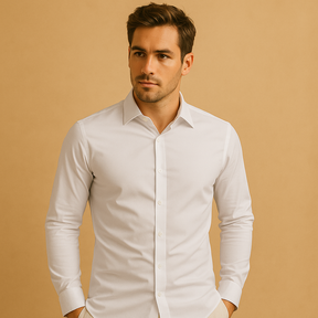 Slim fit cotton shirt for men with turndown collar, available in multiple colors, ideal for office wear or casual occasions.