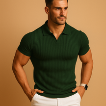 Men’s slim fit polo shirt in solid color with V-neck and lapel collar, perfect for casual and smart-casual occasions.