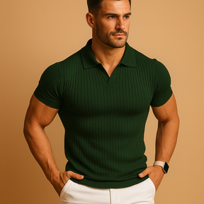 Men’s slim fit polo shirt in solid color with V-neck and lapel collar, perfect for casual and smart-casual occasions.
