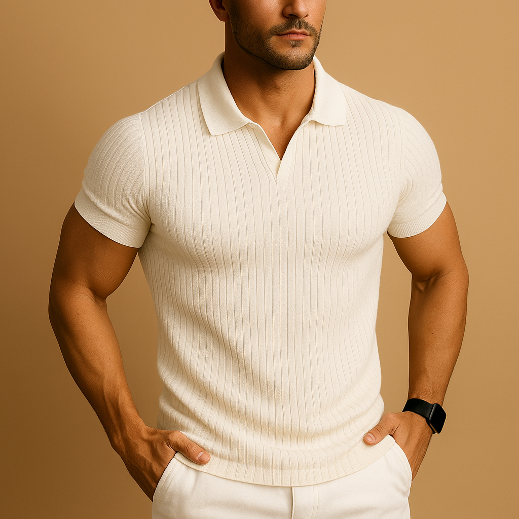 Men’s slim fit polo shirt in solid color with V-neck and lapel collar, perfect for casual and smart-casual occasions.