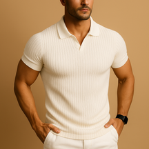 Men’s slim fit polo shirt in solid color with V-neck and lapel collar, perfect for casual and smart-casual occasions.