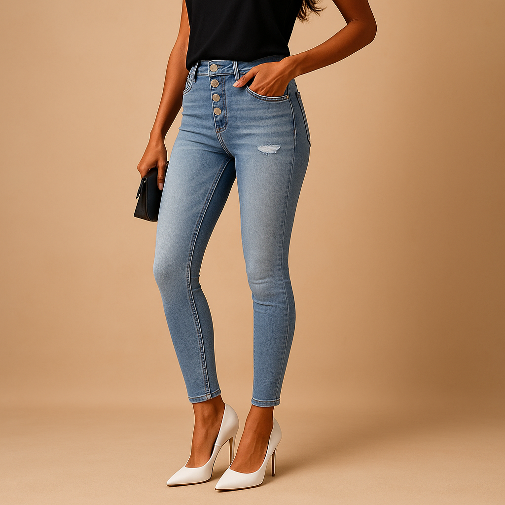 Slim fit ripped jeans for women in denim blue with modern distressed details, perfect for casual and stylish outfits.