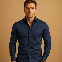 Men’s slim fit shirt made of breathable stretch fabric with classic collar and button closure, perfect for formal and casual use.