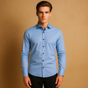 Men’s slim fit shirt made of breathable stretch fabric with classic collar and button closure, perfect for formal and casual use.