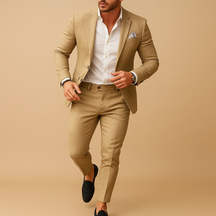 Men’s slim fit suit with tailored blazer and trousers, perfect for weddings, business meetings, and formal occasions in a stylish silhouette