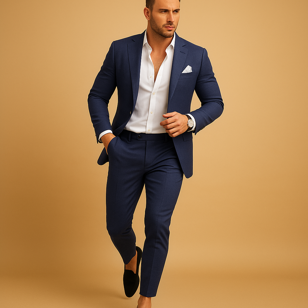 Men’s slim fit suit with tailored blazer and trousers, perfect for weddings, business meetings, and formal occasions in a stylish silhouette