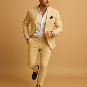 Men’s slim fit suit with tailored blazer and trousers, perfect for weddings, business meetings, and formal occasions in a stylish silhouette