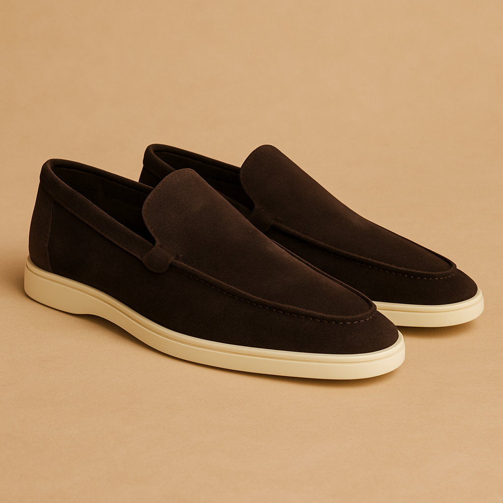 Men’s slip-on shoes with suede-look finish, elastic side panels, and anti-slip sole, perfect for work and casual occasions.