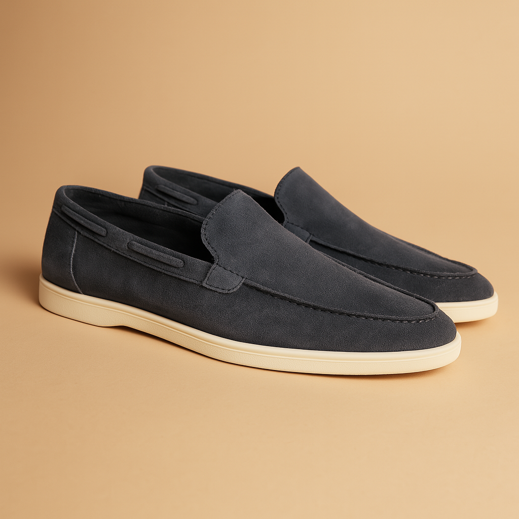 Men’s slip-on shoes with suede-look finish, elastic side panels, and anti-slip sole, perfect for work and casual occasions.