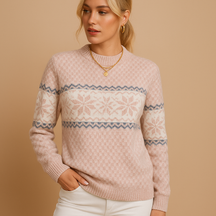 Women’s turtleneck sweater with snowflake pattern and ribbed cuffs, made from soft wool blend—ideal for winter warmth and festive occasions.
