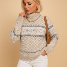 Women’s turtleneck sweater with snowflake pattern and ribbed cuffs, made from soft wool blend—ideal for winter warmth and festive occasions.