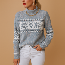 Women’s turtleneck sweater with snowflake pattern and ribbed cuffs, made from soft wool blend—ideal for winter warmth and festive occasions.
