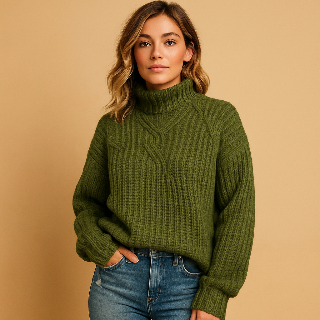 Soft knit pullover sweater for women with high neck and long sleeves, available in green, white, grey, and black—ideal for layering and everyday style.