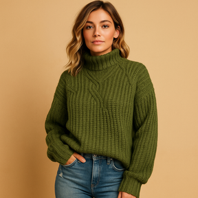 Soft knit pullover sweater for women with high neck and long sleeves, available in green, white, grey, and black—ideal for layering and everyday style.
