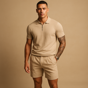 Men’s streetwear set with matching shirt and shorts in breathable fabric, ideal for casual city outings or relaxed days at home