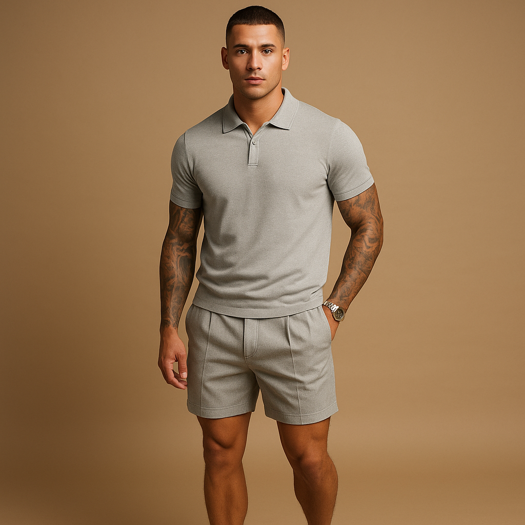 Men’s streetwear set with matching shirt and shorts in breathable fabric, ideal for casual city outings or relaxed days at home