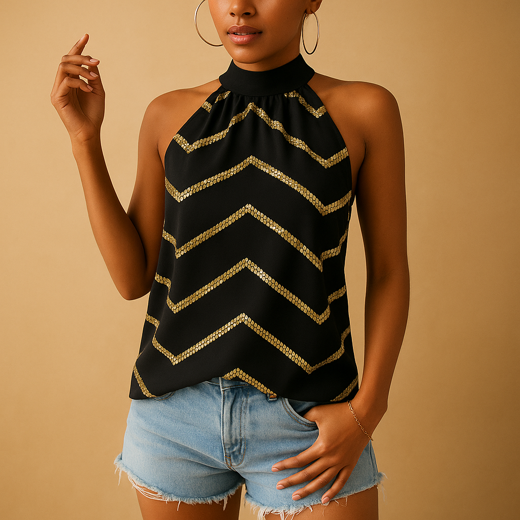 Striped black blouse for women with low collar and breathable fabric, ideal for warm weather and chic everyday styling.