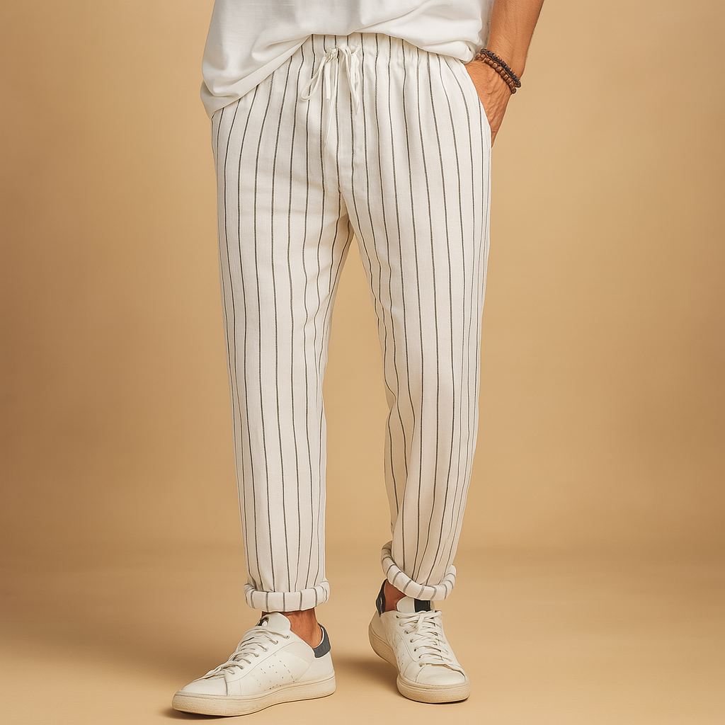 Men’s striped casual pants with adjustable waist and vertical stripe design, perfect for casual wear, vacations, and leisure time.