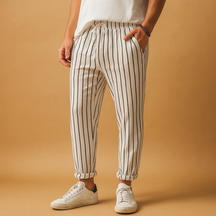 Men’s striped casual pants with adjustable waist and vertical stripe design, perfect for casual wear, vacations, and leisure time.