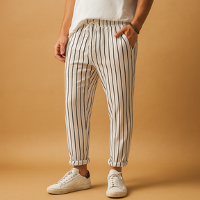 Men’s striped casual pants with adjustable waist and vertical stripe design, perfect for casual wear, vacations, and leisure time.