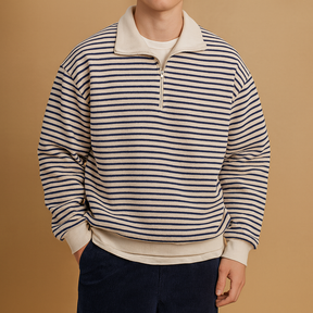 Men’s striped half zip pullover in white with black stripes, featuring a casual fit and soft fabric for autumn, winter, and spring wear.