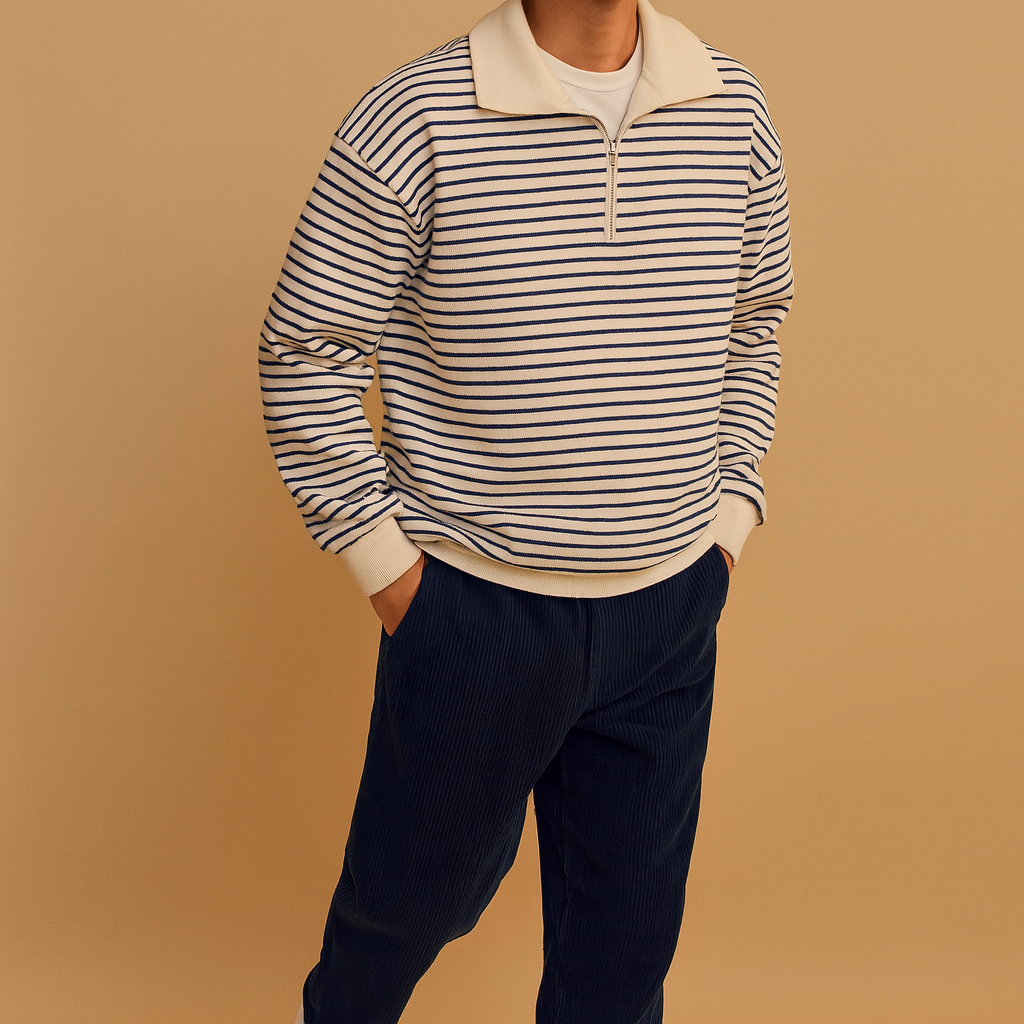 Men’s striped half zip pullover in white with black stripes, featuring a casual fit and soft fabric for autumn, winter, and spring wear.