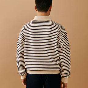 Men’s striped half zip pullover in white with black stripes, featuring a casual fit and soft fabric for autumn, winter, and spring wear.
