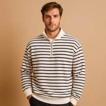 Men’s striped half zip pullover in white with black stripes, featuring a casual fit and soft fabric for autumn, winter, and spring wear.