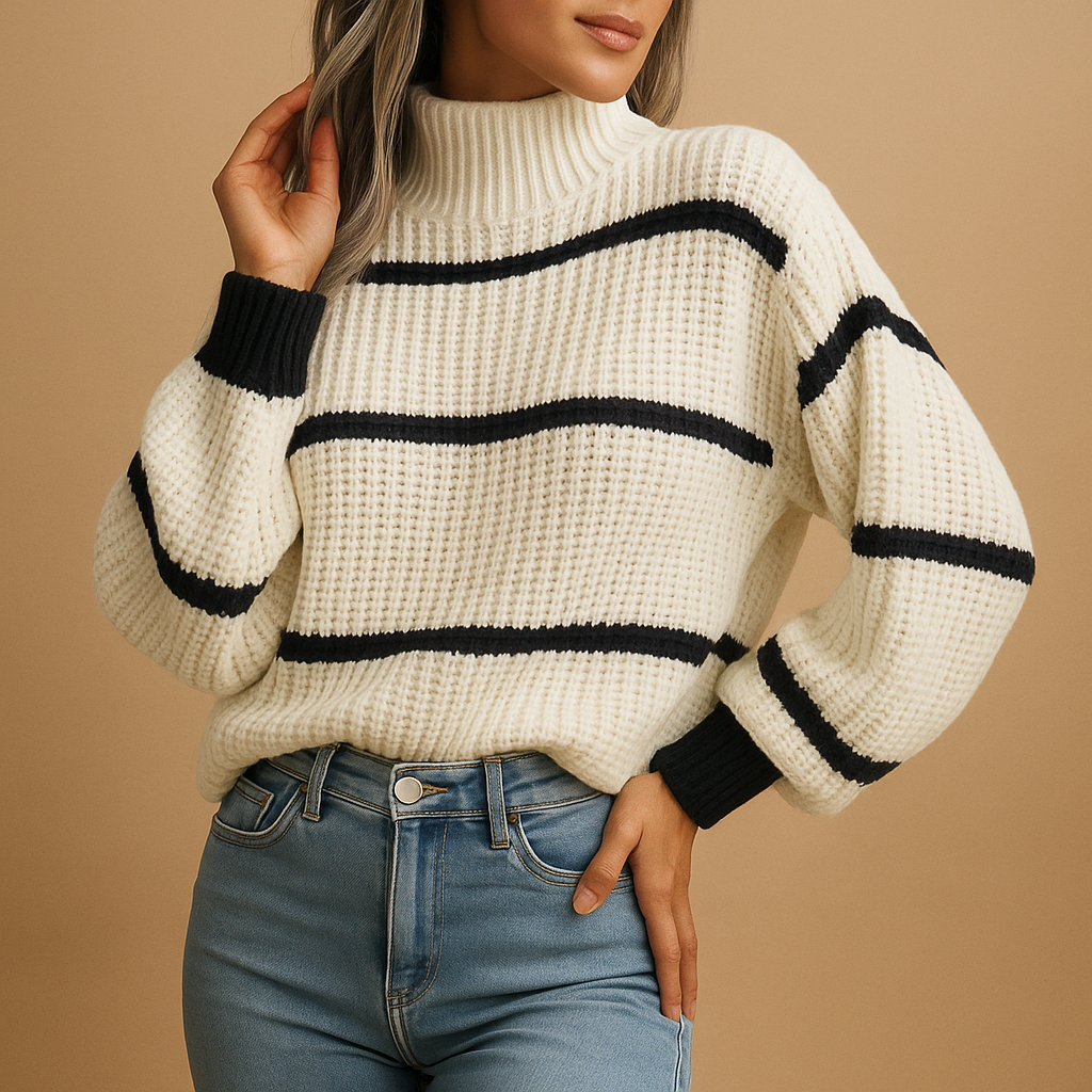 Women’s striped high neck knit sweater with loose fit and ribbed details, ideal for casual and smart-casual outfits.