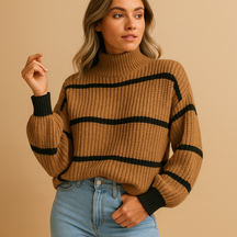 Women’s striped high neck knit sweater with loose fit and ribbed details, ideal for casual and smart-casual outfits.