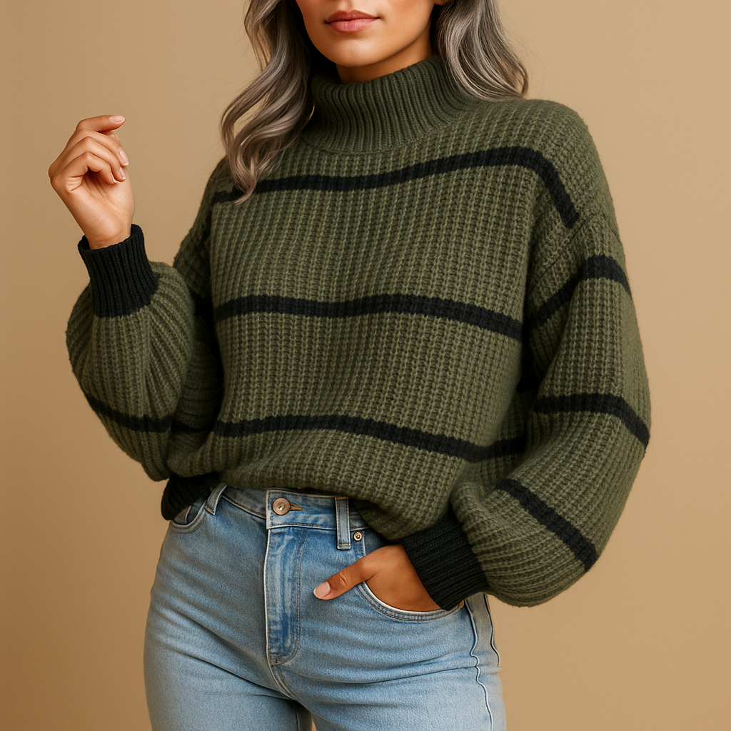 Women’s striped high neck knit sweater with loose fit and ribbed details, ideal for casual and smart-casual outfits.