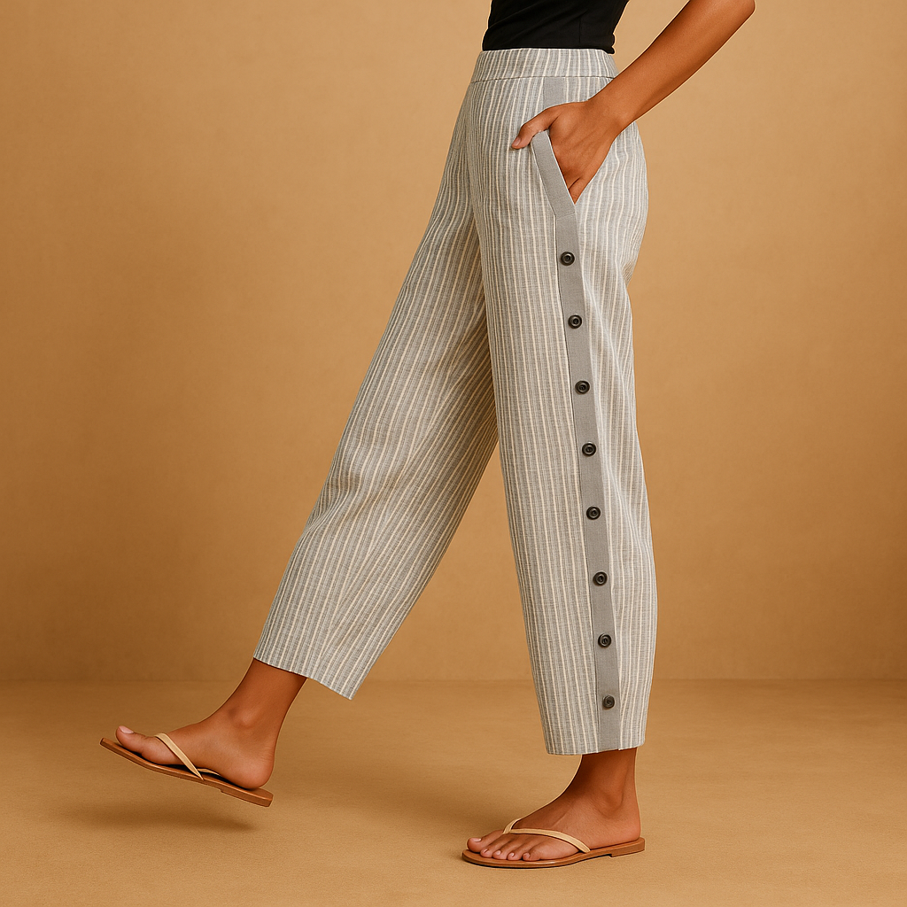 Chic striped high waist pants for women in white and blue, flattering and comfortable for office or casual wear.