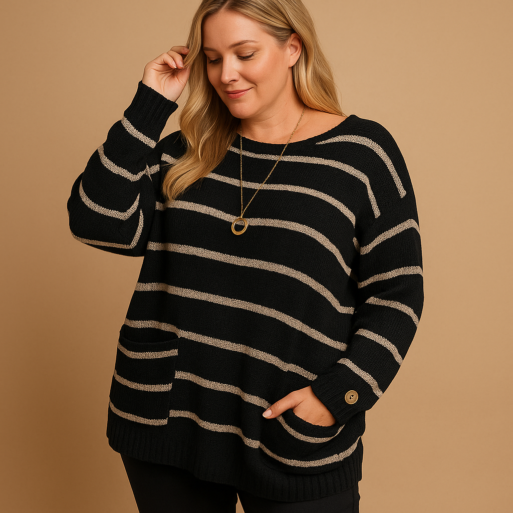 Women’s striped knit sweater with round neckline and long sleeves, perfect for casual styling in any season.