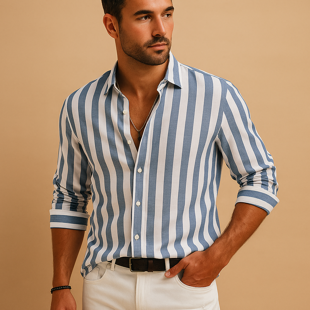 Men’s striped slim fit dress shirt with blue-white pattern and durable colourfast fabric, perfect for work, formal events, or daily wear.