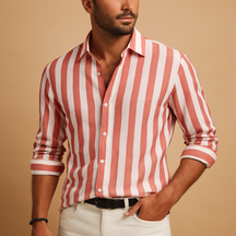 Men’s striped slim fit dress shirt with blue-white pattern and durable colourfast fabric, perfect for work, formal events, or daily wear.