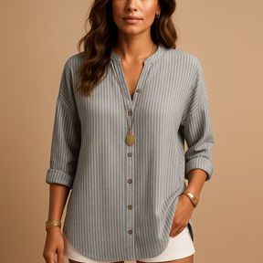 Striped v-neck blouse with long sleeves for women, perfect for work, casual, or formal occasions with a breathable and comfortable fit.